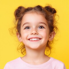 portrait of a happy young child smiling on a yellow background