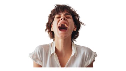 A person yawning before bedtime isolated on a white background illustrating relaxation and sleep readiness
