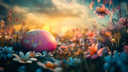 Pastel Easter Egg nestled in a Spring Meadow at Sunrise