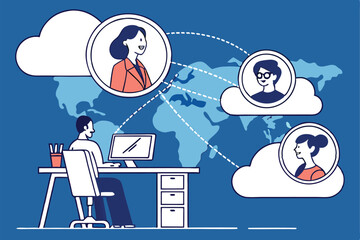 Remote work, cloud networking, global team collaboration, digital workspace, connected employees, profile avatars, computer desk setup, stylized illustration, flat design, blue background, minimalist 