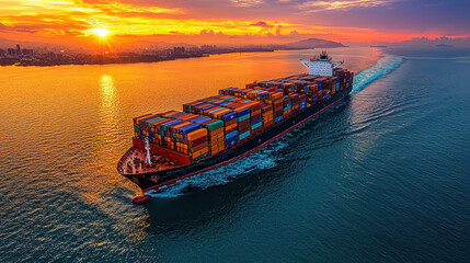 Aerial view of container ship navigating through calm waters sunset, with vibrant colors reflecting sea. ship is loaded with multicolored containers, creating striking contrast against golden sky