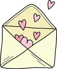 Single happy Valentines day envelope with pink hearts flying . Hand drawn envelope with declaration of love on Valentine's day. Send love message in envelope on Valentine's, Mother's or Women's Day