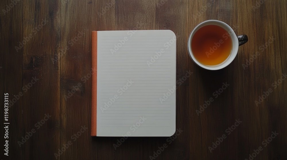 Wall mural a notebook is open on a wooden table with a cup of tea next to it. the notebook is empty, and the cu