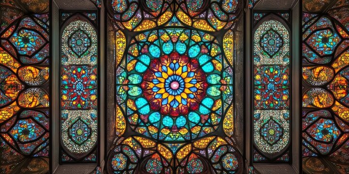 A stained glass window with a flowery design. The window is blue and yellow. The window is very colorful