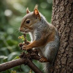 Fototapeta premium A baby squirrel climbing up the sleeve of a gardener.