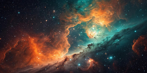 Fototapeta premium Cloud nebula of a colorful cosmic galaxy. Starry night sky. Astronomy and universe science. Background wallpaper of a supernova planetary planet and moon