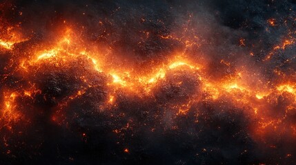 Fiery lava flow illuminating a dark volcanic landscape with glowing embers and smoke in the background