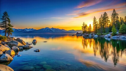 Fototapeta premium Minimalist Lake Tahoe Sunrise: Serene Mountain Lake Reflections