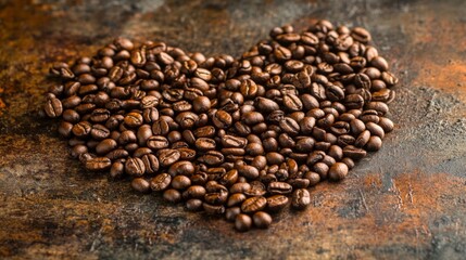 Coffee Beans Arranged in a Heart Shape on a Rustic Surface