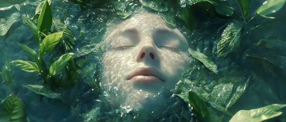 Woman's face submerged, plants, water, serenity, nature spa ad