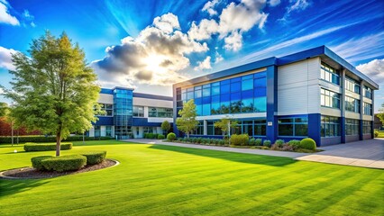 Obraz premium Modern School Building Exterior, Blue Sky, Landscape Photography