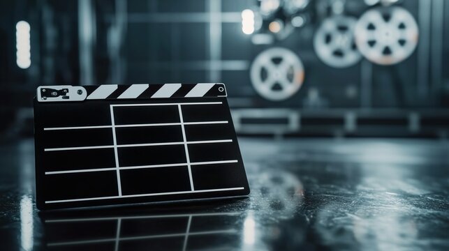 Glossy Black Clapperboard on Reflective Surface in Film Studio, Clapperboard signals camera readiness concept.