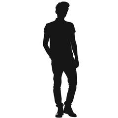 Obraz premium A man is standing in front of a white background. He is wearing a black shirt and black pants