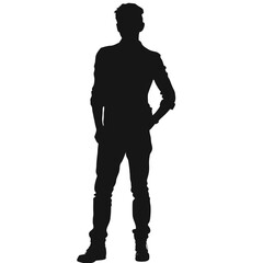 A man is standing in front of a white background. He is wearing a black shirt and black pants