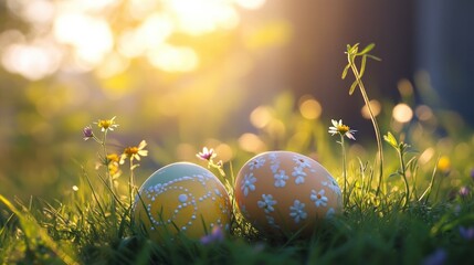 Colorful Easter eggs nestled in vibrant green grass, illuminated