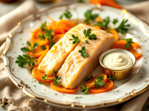 Traditional purim feast dishes featuring gefilte fish and apricot decoration