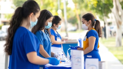 Healthcare workers in blue uniforms assist with medical testing outdoors.