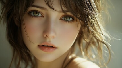 Fototapeta premium Woman's portrait, sunlit face, close-up, beauty