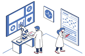 Scientific laboratory, medical research, microscope, scientists in white coats, digital displays, floating icons, blue background, vector illustration style, flat design, minimalist, collaborative wor