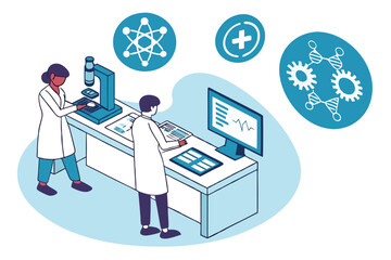 Scientific laboratory, medical research, microscope, scientists in white coats, digital displays, floating icons, blue background, vector illustration style, flat design, minimalist, collaborative wor