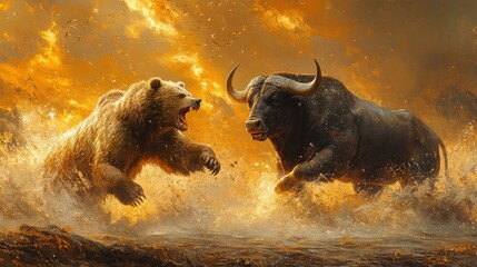 Grizzly bear versus buffalo, fiery battle.