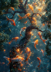 Golden koi fish swimming around a magical tree underwater
