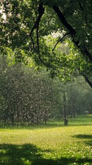 Obraz premium Sunlit raindrops falling in a lush green park, creating a serene and magical atmosphere in a natural setting.