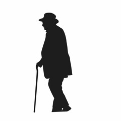 A man in a hat and a suit is holding a cane. He is standing on a white background