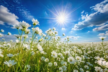 Serene White Flowers Field, Vibrant Blue Sky - Nature Stock Photo