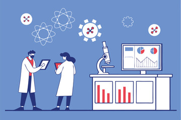 Scientific laboratory, medical research, microscope, scientists in white coats, digital displays, floating icons, blue background, vector illustration style, flat design, minimalist, collaborative wor