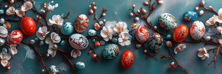 Happy Easter vibrant spring banner background. Colorful Easter eggs and spring flowers. Flat lay, top view, copy space.