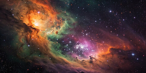 Fototapeta premium Cloud nebula of a colorful cosmic galaxy. Starry night sky. Astronomy and universe science. Background wallpaper of a supernova planetary planet and moon