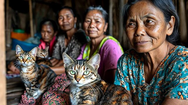 Elderly Woman with Cats and Friends, senior citizen, old woman, women, female, portrait