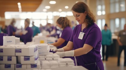 Workers in purple uniforms organize medical supplies in a busy warehouse setting.