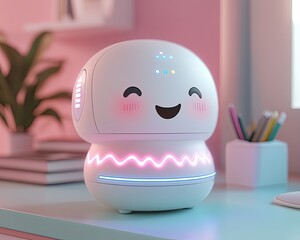 Adorable AI Robot with Neon Glow - Cute Desk Companion Robot for Smart Home Decor - Futuristic Robot Design for Tech-Themed Spaces Neon Robot Design Cute AI Robot Decor Modern Tech Companion