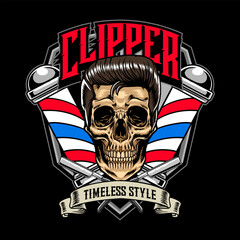 Vintage Barbershop Skull Head with Barber's Pole and razor blade elements Logotype Badge Vector Illustration