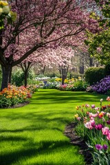Fototapeta premium A serene spring garden featuring colorful flowers and lush green grass beneath blooming trees, capturing the essence of nature's beauty.