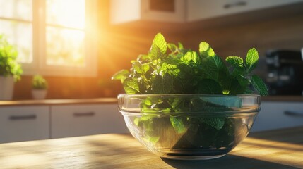 Fresh Mint Leaves in Sunlit Kitchen Setting