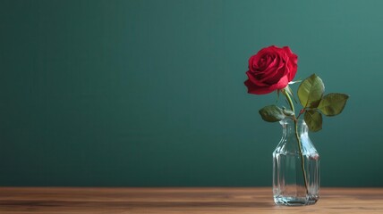 Fototapeta premium A single red rose presented in a crystal vase with a handwritten note, evoking simplicity and heartfelt love, Valentine theme, minimalist floral emotion