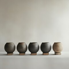 Five ceramic pots arranged in a minimalist style on a neutral background, showcasing texture and form.
