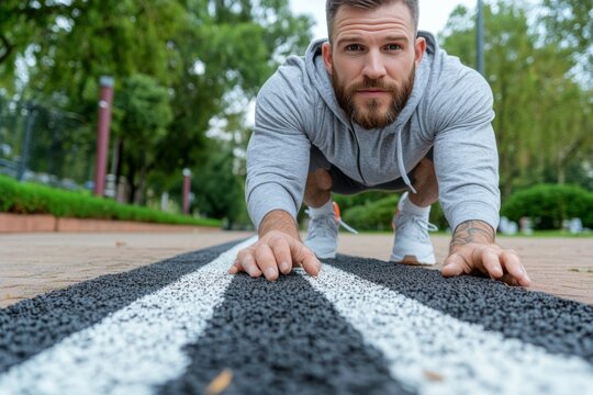 Fitness enthusiast performs push-ups on a track in a park during daylight