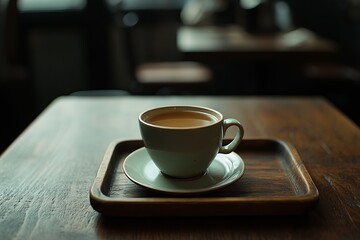 Fototapeta premium A warm cup of coffee sits on a wooden table in a cozy cafe, creating a relaxing atmosphere with soft lighting and a blurred background.
