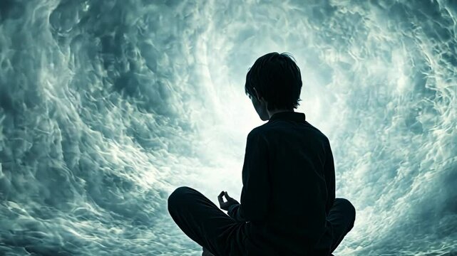 Boy Meditating Before a Cosmic Vortex, child, kid, meditation, yoga, lotus position