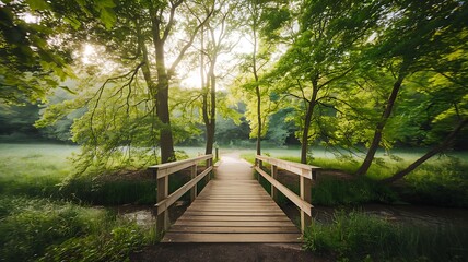 Obraz premium Serene Sunrise Walkway Wooden Bridge Over a Tranquil Stream in a Lush Green Forest