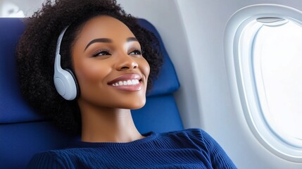 Young black woman listening music with headphones on airplane flight