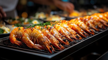 Grilled shrimp platter served at a vibrant restaurant, with chefs preparing dishes in the background