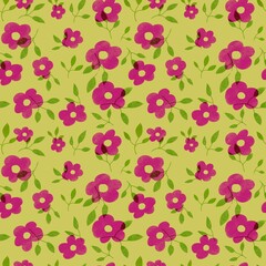 Dark pink flower pattern with leaf in yellow background, cute flower template, cute pink flower wallpaper