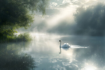 Graceful Swan on a Serene Lake under the Dawn Sky: A Symphony in Monochrome