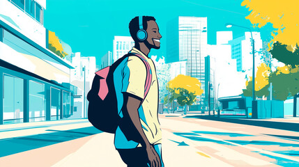 Drawn, cheerful person walking, wearing headphones and enjoying. Big city street, vibrant atmosphere, urban environment. Joyful character. Joy, freedom, music, dynamic, life. Generative Ai content