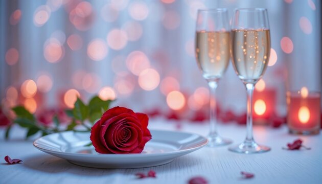 "A minimal yet romantic table arrangement with a single heart-shaped red rose resting on a white plate, paired with glowing champagne glasses. The background features shimmering red bokeh lights, sett